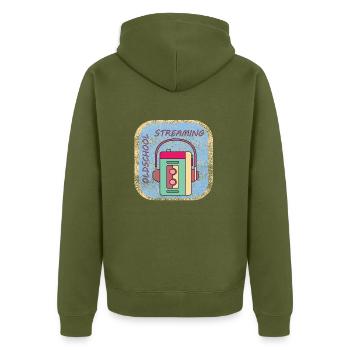 OLDSCHOOL STREAMING- Walkman- Kind aus den 80er - Unisex Premium Bio Zip Hoodie - Khaki - Hinten - Nico (187cm)