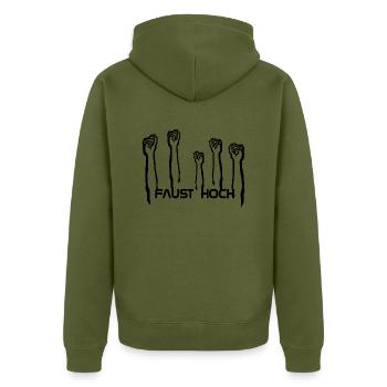 Fist up for solidarity and justice - Unisex Premium Organic Zip Hoodie - khaki - Back - Nico (187cm)