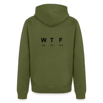 WTF - why the face - Unisex Premium Organic Zip Hoodie - khaki - Back - Nico (187cm)