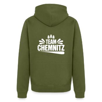 Team Chemnitz - Unisex Premium Bio Zip Hoodie - Khaki - Hinten - Nico (187cm)