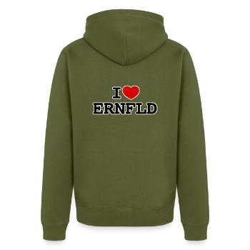 I ❤️ ERNFLD | Köln Ehrenfeld - Unisex Premium Bio Zip Hoodie - Khaki - Hinten - Nico (187cm)