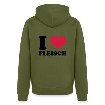 i love fleisch - Unisex Premium Bio Zip Hoodie - Khaki - Hinten - Nico (187cm)