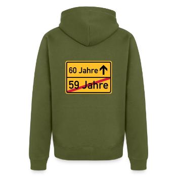 ortsschild_59__jahre__f3 - Unisex Premium Bio Zip Hoodie - Khaki - Hinten - Nico (187cm)