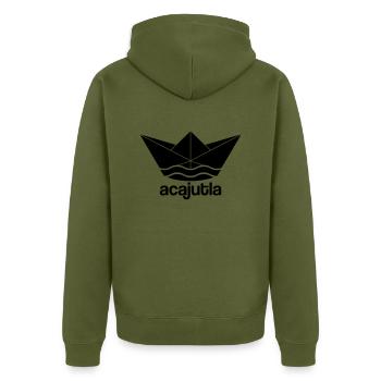 Cooles Acajutla Papierschiff Design - Unisex Premium Bio Zip Hoodie - Khaki - Hinten - Nico (187cm)