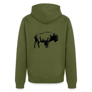 Buffalo - Bull - Unisex Premium Organic Zip Hoodie - khaki - Back - Nico (187cm)