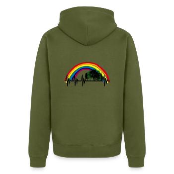 WALD HERZSCHLAG HAMBI REGENBOGEN - Unisex Premium Bio Zip Hoodie - Khaki - Hinten - Nico (187cm)