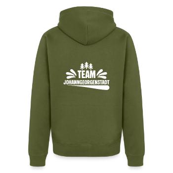 Team Johanngeorgenstadt - Unisex Premium Bio Zip Hoodie - Khaki - Hinten - Nico (187cm)