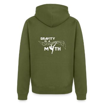 Gravity is a Myth / Schwerkraft ist ein Mythos - Unisex Premium Bio Zip Hoodie - Khaki - Hinten - Nico (187cm)