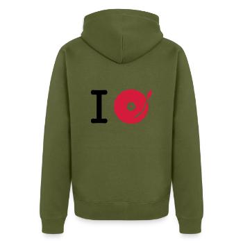 I dj / play / listen to + your music - Unisex Premium Organic Zip Hoodie - khaki - Back - Nico (187cm)