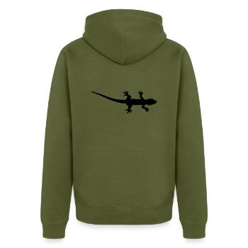 Eidechse Silhouette - Unisex Premium Bio Zip Hoodie - Khaki - Hinten - Nico (187cm)