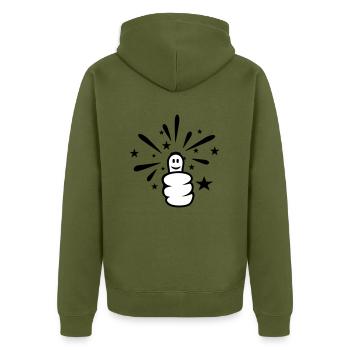 Daumen hoch / thumb up (sparkly, 2c) - Unisex Premium Bio Zip Hoodie - Khaki - Hinten - Nico (187cm)