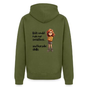 Kids would ruin our social lives... - Unisex Premium Bio Zip Hoodie - Khaki - Hinten - Nico (187cm)