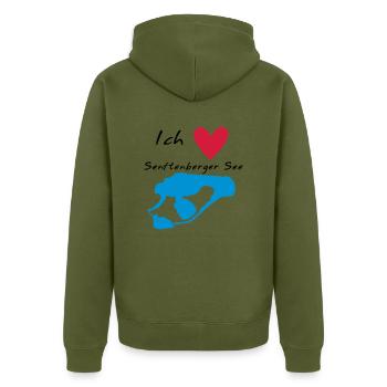 Ich liebe den Senftenberger See - Unisex Premium Bio Zip Hoodie - Khaki - Hinten - Nico (187cm)