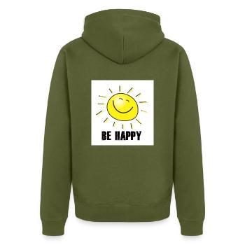BE HAPPY slogan saying design gift - Unisex Premium Organic Zip Hoodie - khaki - Back - Nico (187cm)