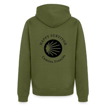Happy Survivor Camino Francés 001 black - Unisex Premium Bio Zip Hoodie - Khaki - Hinten - Nico (187cm)