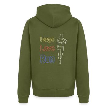 Laugh Love Run - Unisex Premium Organic Zip Hoodie - khaki - Back - Nico (187cm)
