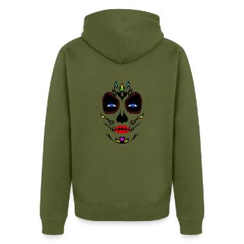 Mexikanische Totenmaske La Catrina, Santa Muerte - Unisex Premium Bio Zip Hoodie - Khaki - Hinten - Nico (187cm)