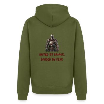 United by Armor, Divided by Fear - Unisex Premium Organic Zip Hoodie - khaki - Back - Nico (187cm)
