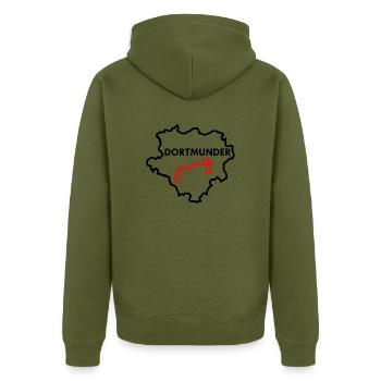Dortmunder Jung - Ruhrpottkind - Heimat - Dortmund - Unisex Premium Bio Zip Hoodie - Khaki - Hinten - Nico (187cm)