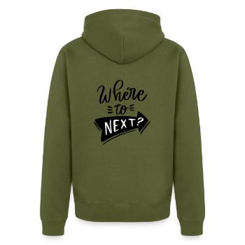 Où aller ensuite? Dites citation texte vie aventure - Veste à capuche bio Premium Unisexe - kaki - Dos - Nico (187cm)
