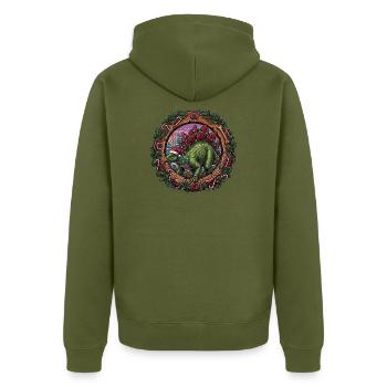 Stegosaurus Weihnachtszauber - Unisex Premium Bio Zip Hoodie - Khaki - Hinten - Nico (187cm)