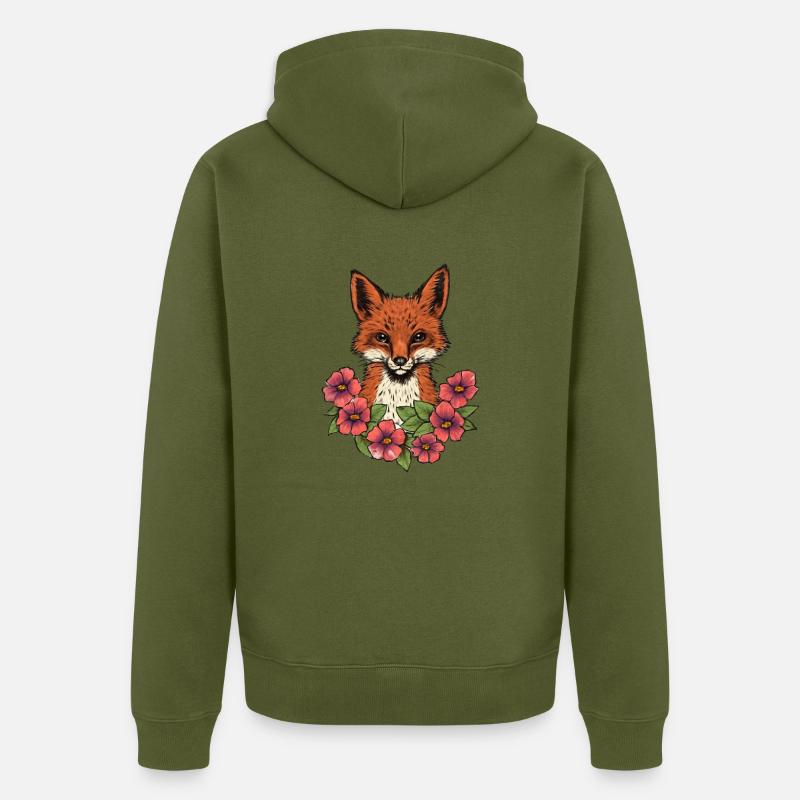 Renard en fleurs - Veste à capuche bio Premium Unisexe - kaki