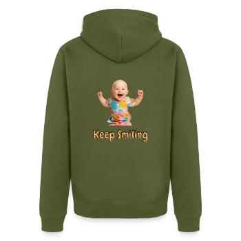 Keep Smiling - Unisex Premium Bio Zip Hoodie - Khaki - Hinten - Nico (187cm)