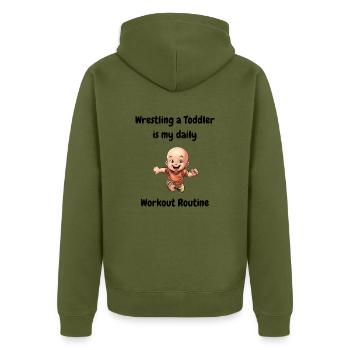 Mit einem Kleinkind zu ringen ist meine tägliche Trainingsroutine. - Unisex Premium Bio Zip Hoodie - Khaki - Hinten - Nico (187cm)