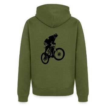 Mountainbiker Sprung - Unisex Premium Bio Zip Hoodie - Khaki - Hinten - Nico (187cm)