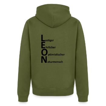 Leon, Namensbeschreibung Vorname - Unisex Premium Bio Zip Hoodie - Khaki - Hinten - Nico (187cm)