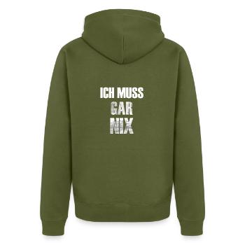 ICH MUSS GAR NIX - Unisex Premium Bio Zip Hoodie - Khaki - Hinten - Nico (187cm)