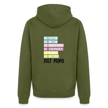 Gegen Rassismus, gegen Sexismus und Homophobie - Unisex Premium Bio Zip Hoodie - Khaki - Hinten - Nico (187cm)