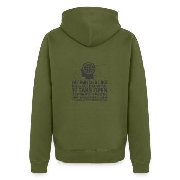 Tabs Open - Unisex Premium Organic Zip Hoodie - khaki - Back - Nico (187cm)