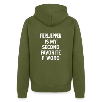 Fierljeppen T-Shirt - Deuxième F-Word préféré - Veste à capuche bio Premium Unisexe - kaki - Dos - Nico (187cm)