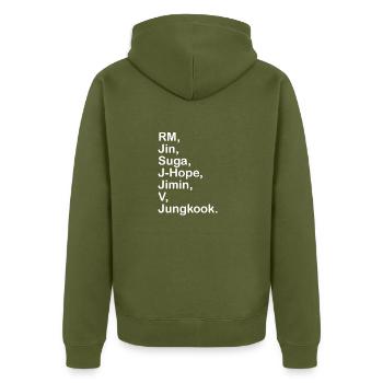 Cadeau nom coréen pop BTS - Veste à capuche bio Premium Unisexe - kaki - Dos - Nico (187cm)