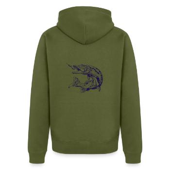 Angler - Hecht - Raubfisch Angeln - Esox - Unisex Premium Bio Zip Hoodie - Khaki - Hinten - Nico (187cm)