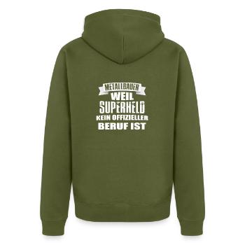 Metallbauer superheld - Unisex Premium Bio Zip Hoodie - Khaki - Hinten - Nico (187cm)