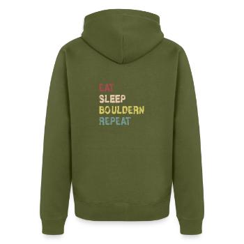 Eat Sleep Bouldern Repeat Design Geschenkidee - Unisex Premium Bio Zip Hoodie - Khaki - Hinten - Nico (187cm)