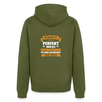 Fußballtrainer - Unisex Premium Bio Zip Hoodie - Khaki - Hinten - Nico (187cm)