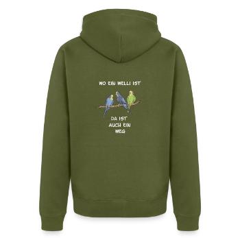 Wo ein Welli ist da ist auch ein Weg Wellensittich - Unisex Premium Bio Zip Hoodie - Khaki - Hinten - Nico (187cm)