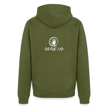 Bouldering Climbing - Unisex Premium Organic Zip Hoodie - khaki - Back - Nico (187cm)