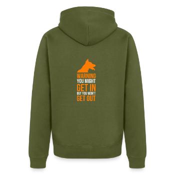 Warning about the dog! Attention! Attention! saying - Unisex Premium Organic Zip Hoodie - khaki - Back - Nico (187cm)