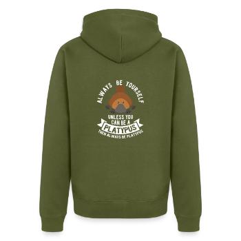 Platypus-Always Be Yourself - Unisex Premium Bio Zip Hoodie - Khaki - Hinten - Nico (187cm)