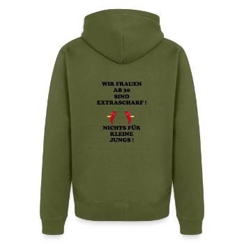Frauen ab 30 sind - Unisex Premium Bio Zip Hoodie - Khaki - Hinten - Nico (187cm)