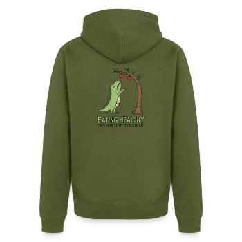 Gesunde Ernährung – Der uralte Kampf - Unisex Premium Bio Zip Hoodie - Khaki - Hinten - Nico (187cm)