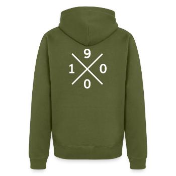 1900 Mönchengladbach Fan Hoodie, Tasche, Tasse - Unisex Premium Bio Zip Hoodie - Khaki - Hinten - Nico (187cm)