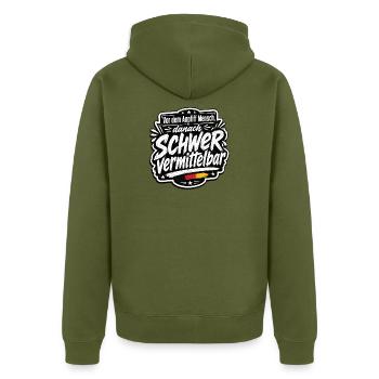 Vor dem Anpfiff Mensch, danach schwer vermittelbar - Unisex Premium Bio Zip Hoodie - Khaki - Hinten - Nico (187cm)