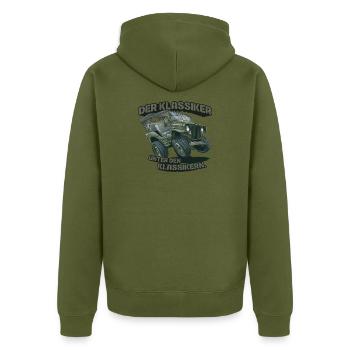 Willys MB – Der Klassiker unter den Klassikern - Unisex Premium Bio Zip Hoodie - Khaki - Hinten - Nico (187cm)