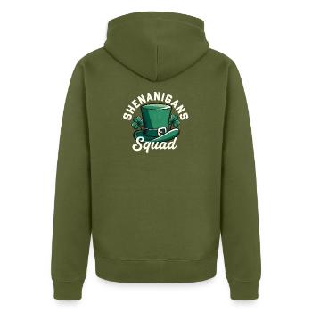 Shenanigans Squad Leprechaun-Hut - Unisex Premium Bio Zip Hoodie - Khaki - Hinten - Nico (187cm)