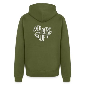 Der Berg ruft Alpenabenteuer, Designfarbe variabel - Unisex Premium Bio Zip Hoodie - Khaki - Hinten - Nico (187cm)